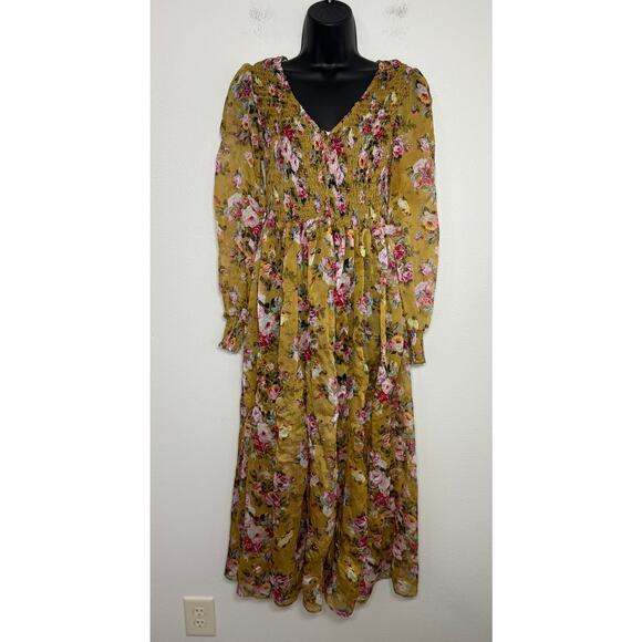 OPT Anthropologie Wick Dress Yellow Smocked Chiffon Floral Sheen Romantic, M - Picture 3 of 12